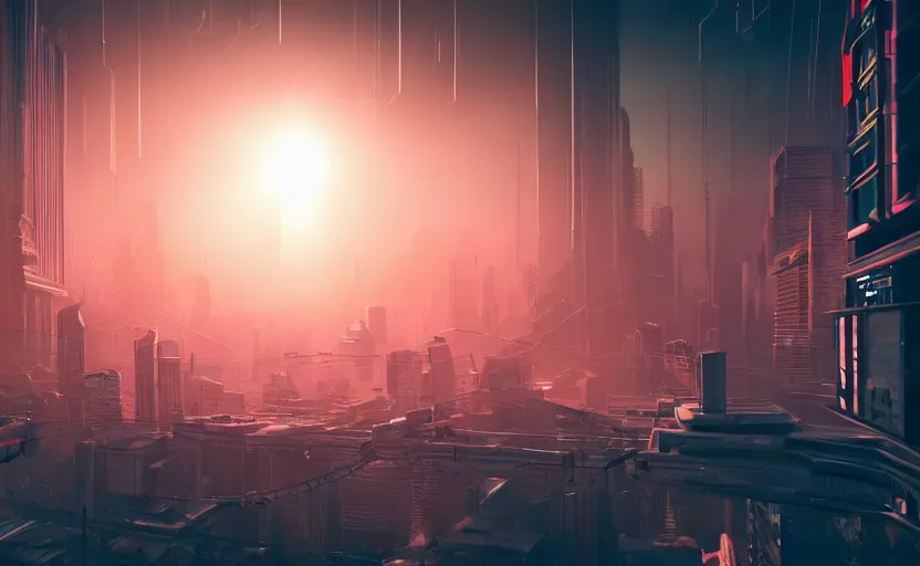 Image similar to overcrowded cyberpunk city with no bottom to see. daylight. sunlight. lens flare. light fixtures. 8 k. detailed. photorealism. artstation. 2 5 mm f / 1. 7 asph lens. ultra realistic