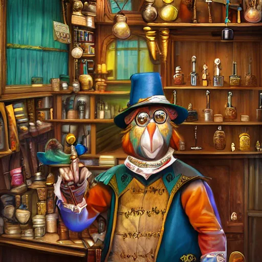 Image similar to Anthropomorphized parrot trader in his shop, shelves full, selling a gem, portrait, items, magic potions, carpet, window, fancy funny hat, sly expression , cunning expression, cute expression, presenting magic gem, D&D, fantasy, cinematic lighting, highly detailed, digital painting, artstation, concept art, smooth, sharp focus, illustration, warm light, cozy warm tint, magic the gathering artwork, volumetric lighting, 8k, no gold, no gold colours, art by Akihiko Yoshida, Greg Rutkowski