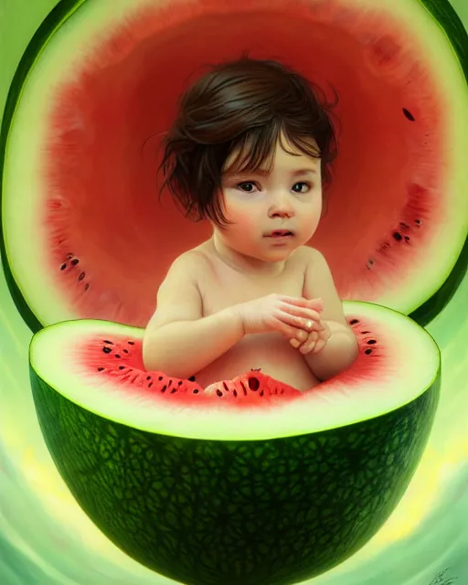 Image similar to an baby living inside a giant watermelon womb, watermelon amber, watermelon womb, highly detailed, digital painting, artstation, concept art, smooth, sharp focus, illustration, art by artgerm and greg rutkowski and alphonse mucha