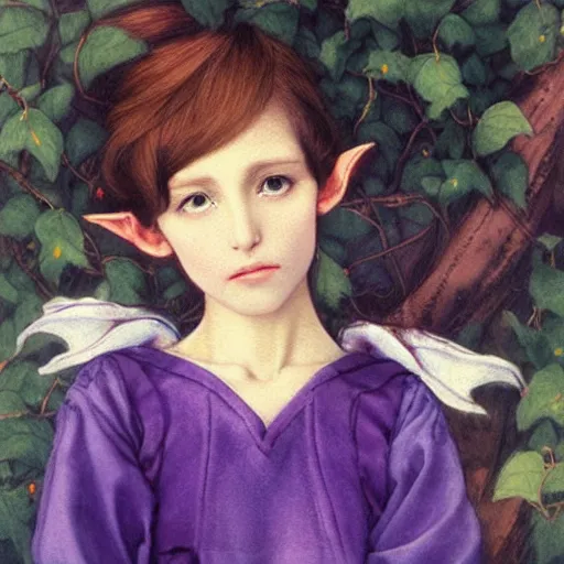 Image similar to little elf, purple tunic, soft hair. light color palate, detailed soft painting, ayami kojima, anatomically correct, inspired in balthus