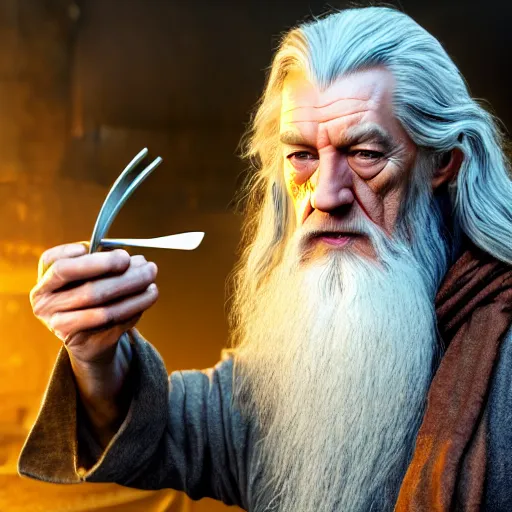 Image similar to A beautiful hyper realistic ultra detailed lifelike matte painting of Nathan Fillion as Gandalf the grey casting a fork spell in apiary, unreal engine, deviantart, flickr, artstation, octane render, textured, colorful, extreme realistic detail, physically based rendering, pbr render, very detailed, volumetric lighting, detailed lighting, octane render, 4k, cinematic lighting, 8k resolution