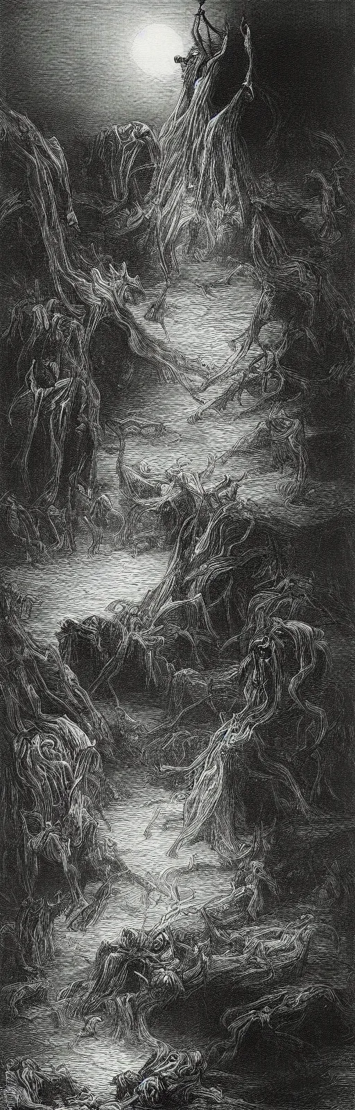 Prompt: dark fantasy illustration of an abstract mind seeping black oil, drawn by gustave dore