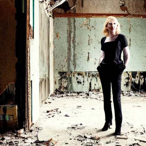 Image similar to photo of cate blanchett in an abandoned building, by Annie leibowitz, photorealisitc ,4k