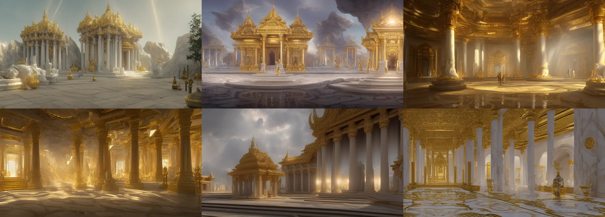 Prompt: a temple made of white marble and gold, light coming from the entrance, people passing by, matte painting in the style of Daniel Dociu and Kelai Kotaki, trending on Artstation, digital art
