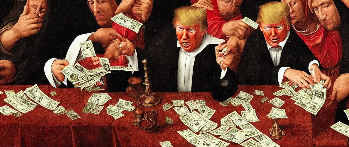 Image similar to donald trump counting money, a medieval painting, ultra - detailed, 8 k