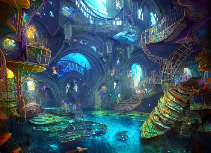 Prompt: favela fantasy cathedral, underwater environment, sorcery, scenery, professional, award - winning, trending on artstation, hyper detailed, realistic, beautiful, emotional, shiny, colorful, picture