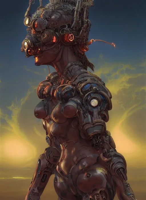 Image similar to biblical beautiful female druid android, shiva, glowing veins, in clouds, sunset, mecha, portrait by wayne barlowe, by peter elson, muted colors, by frank frazetta, extreme detail, reflections, trending on artstation, 8 k