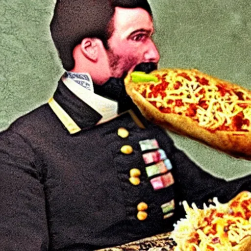 Prompt: a 1 8 5 8 colorized photo of general pitzer a union general eating a large chicken burrito with cheese and salsa