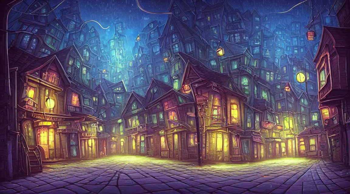 Image similar to street level view of a lovecraftian town. lovecraft. lovecraftian city at night by cyril rolando and naomi okubo and dan mumford and ricardo bofill. lovecraftian buildings. cobbled streets. lovecraftian landscape. swirly night sky.