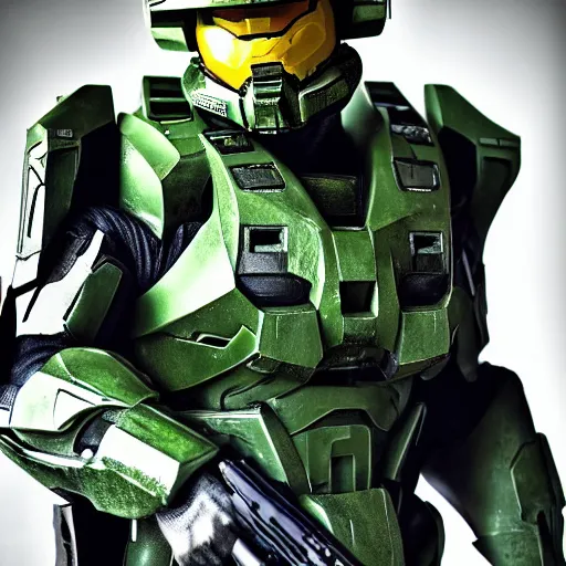 Prompt: professional photo portrait of the master chief from halo nikon d 8 0 6 0 mm lens, cinematic lighting and shadows