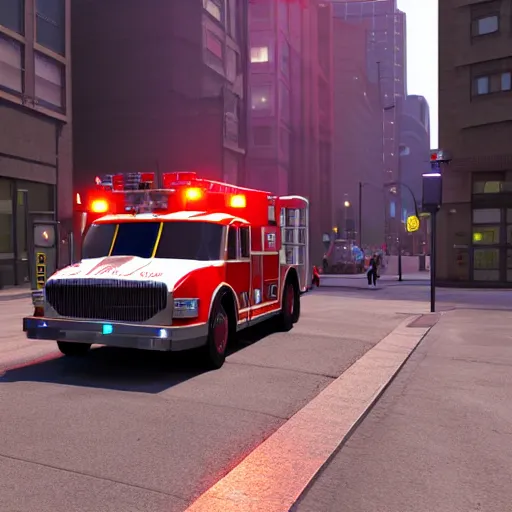 Prompt: octane, renderman 3 d render of an fire truck in a city