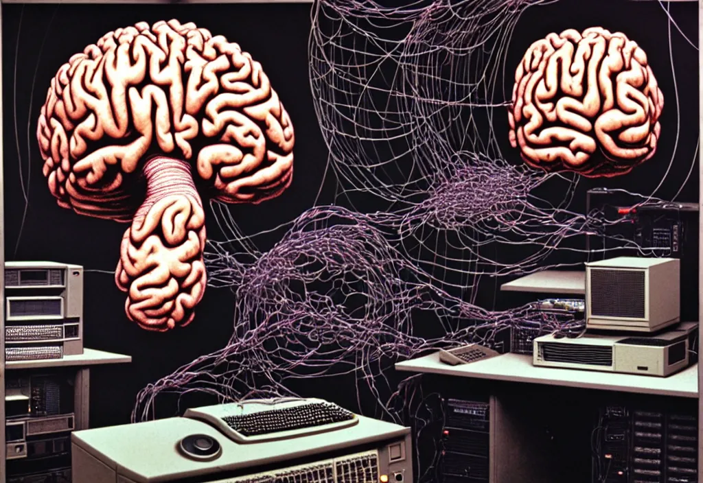 Prompt: realistic detailed photo rendered in octane 3d , of a big human brain connected with wires and cords to an old PC computers from 90s in a server room by Laurie Lipton, Francis Bacon , by H.R. Giger, by Ayami Kojima, Amano, Karol Bak, Greg Hildebrandt, and Mark Brooks , rich deep colors. Beksinski painting, art by Takato Yamamoto. masterpiece. rendered in blender, ultra realistic, smooth shading, ultra detailed, high resolution, cinematic, unreal 6