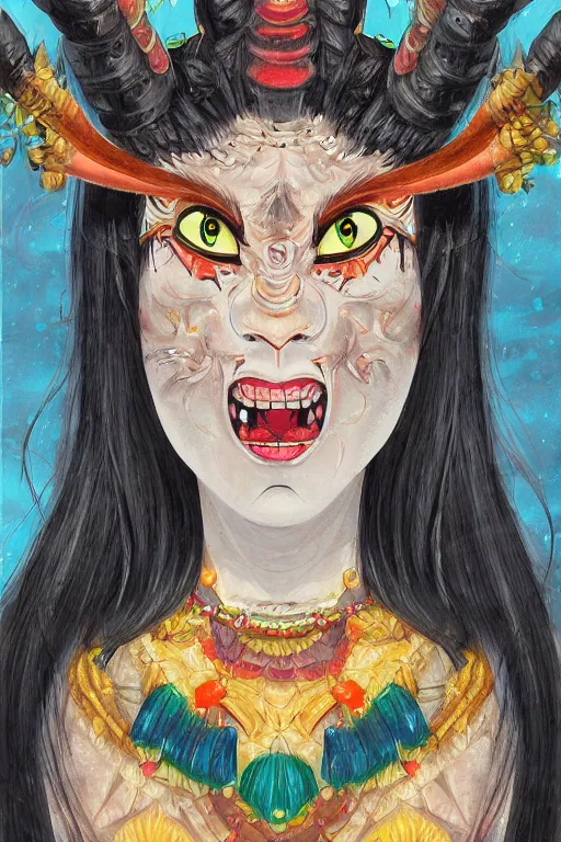 Image similar to beautiful Oni portrait, high detail, full body, mad painting