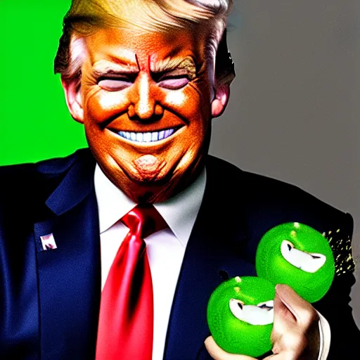 Image similar to trump smiling whilst holding a bunch of green chaos emeralds, highly detailed, realistic, beautiful composition, sharp focus, artstation, sharp focus