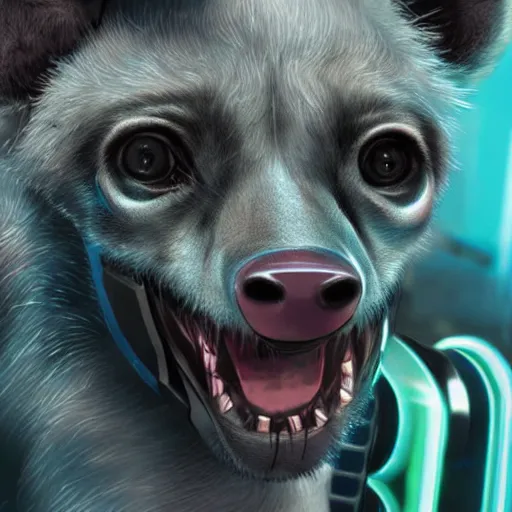 Image similar to cute baby hyena cyborg, cyberpunk 2 0 7 7 art, realistic, highly detailed