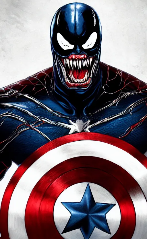 Image similar to full body portrait of venom as captain america, dynamic lighting, cinematic, ultra detailed, trending on art station, stunning visuals, creative, fantasy concept art