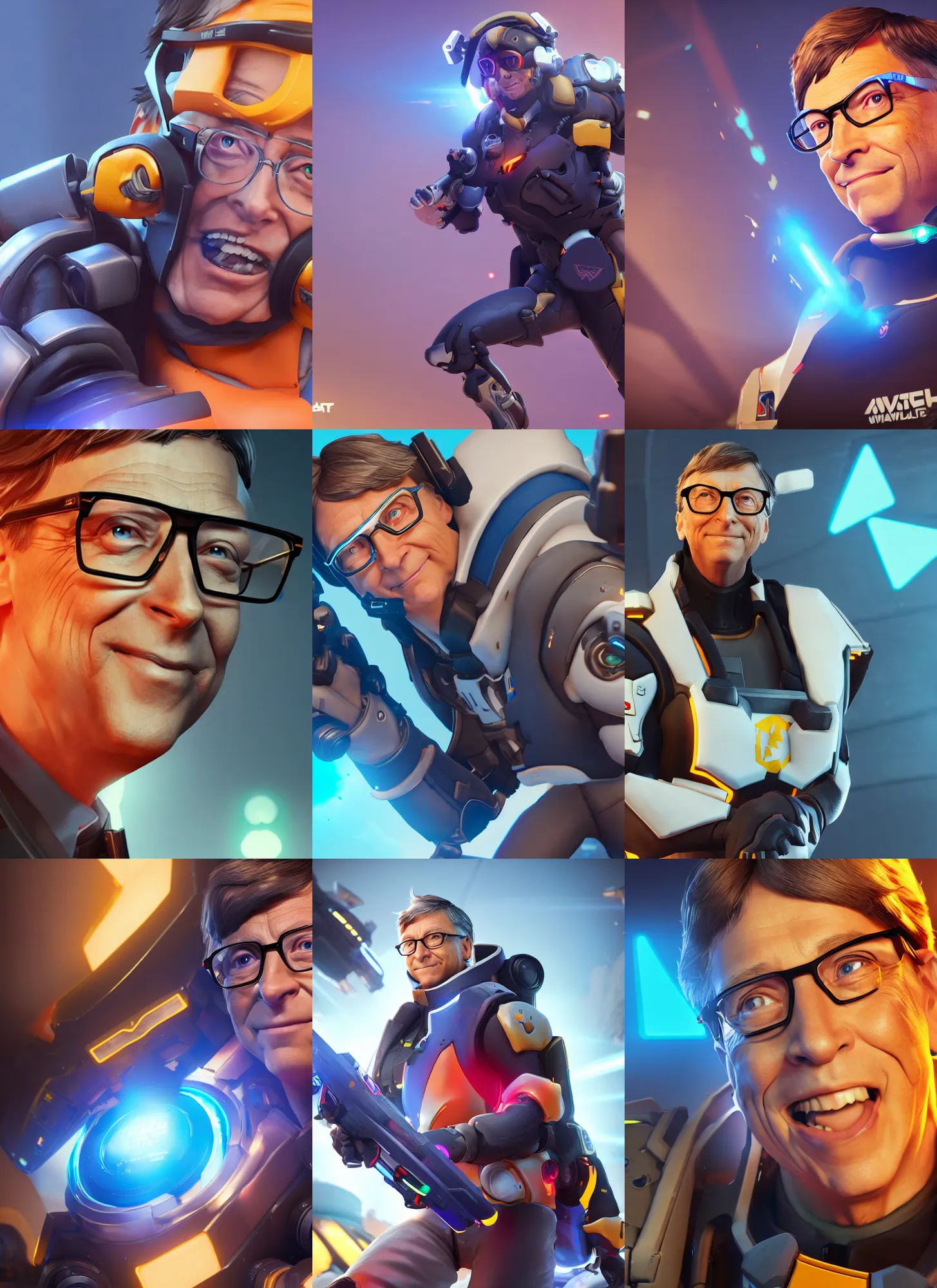 Prompt: bill gates in overwatch, overwatch fanart, trending on artstation, 8 k, octane render, detailed lighting, high quality render, aesthetic