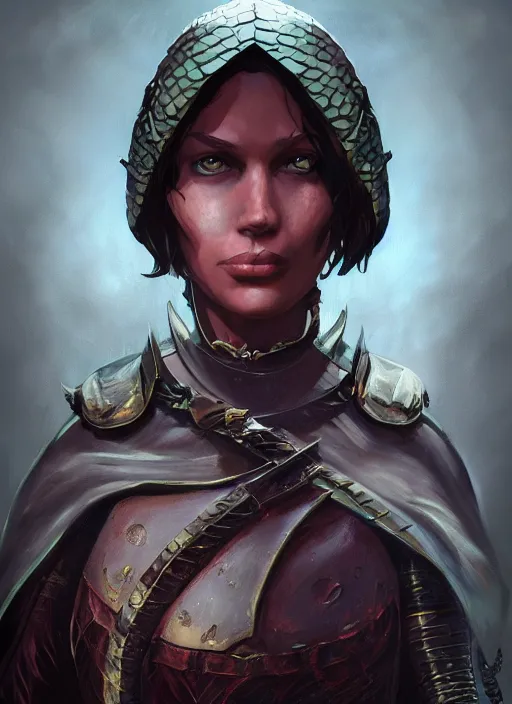 Prompt: A fantasy comic book style portrait painting of Joan of Arch but has lizard head. Atmospheric dark fortress, unreal 5, DAZ, hyperrealistic, octane render, RPG portrait, ambient light, dynamic lighting,