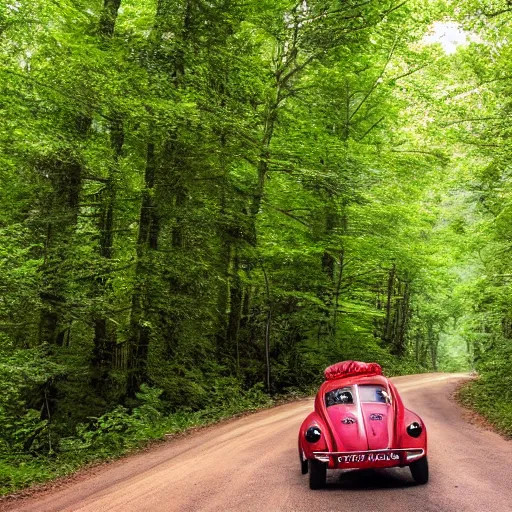 Image similar to promotional scifi - mystery movie scene of a ( volkswagen beatle ) and ladybug hybrid that's more ladybug. racing down a dusty back - road in smokey mountains tennessee. cinematic, 4 k, imax, 7 0 mm, hdr