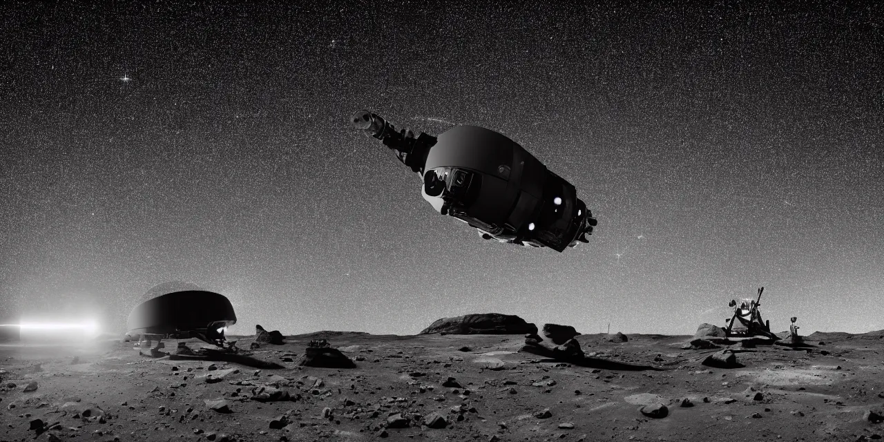 Prompt: black and white photo of a retailed spaceship landing on bright mars, black background with glowing stars and satalites, cinematic film still, high contrast, astrophotography, 4 k, 1 7 mm lens imax camera,