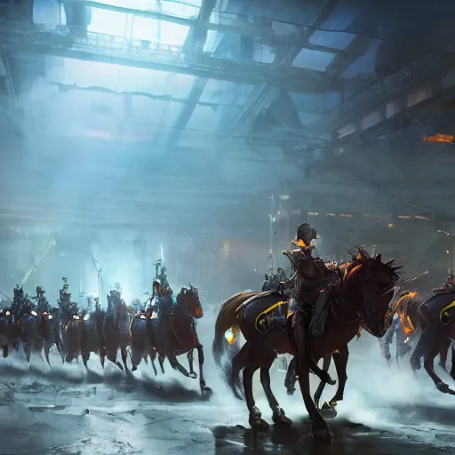 Prompt: The charge of the light brigade with robotic horses, steampunk, dramatic lighting, by Makoto Shinkai and Ruan Jia