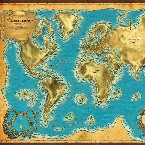 Prompt: fantasy map of another world, highly detailed, many continents, oceans.