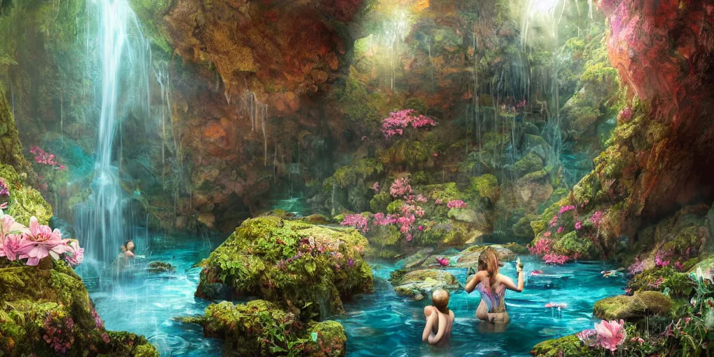 Prompt: cozy mountain hot springs hidden in a cave, lush trees and flowers, sunset, nephilim, rippling pools of water, ethereal, fantasy, James Jean, oozium, peter morbacher, angelarium, alchemy, luxury, heavenly light, Soft illumination, Trending on artstation, Cinematic Lighting, digital painting, octane render, artgerm