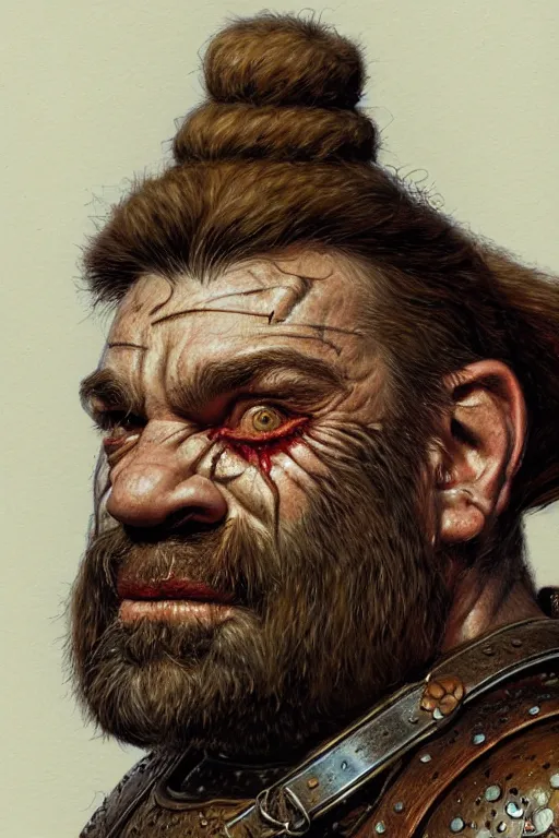 Prompt: head and shoulders portrait of a dwarf adventurer, scarred lip, grandfatherly, leather armor, male, high fantasy, d & d, by donato giancola, face details, extremely detailed, digital illustration