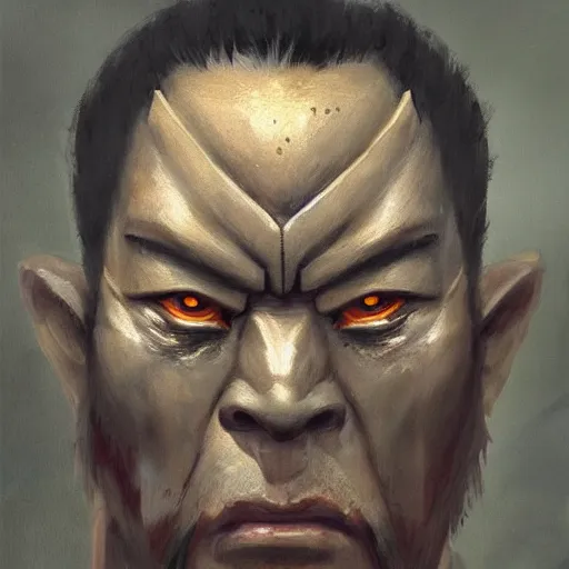 Prompt: A head-on detailed oil portrait of japanese samurai wearing oni mask by greg rutkowski and artgerm, trending on artstation, dungeons and dragons art