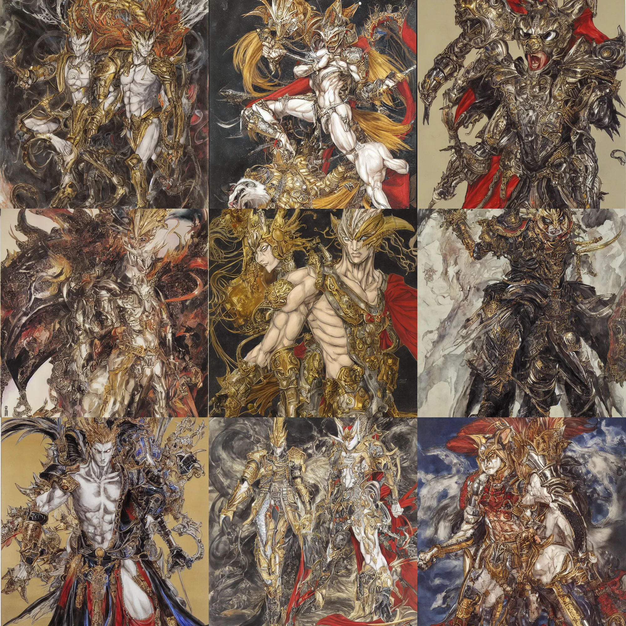 Image similar to 8k Yoshitaka Amano painting of upper body of a young cool looking slim caracal beast-man with white mane at a royal palace. He is wearing complex fantasy armors. Renaissance style.