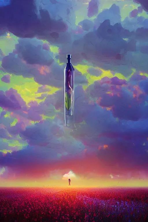 Image similar to giant perfume bottle in flower field, surreal photography, sunrise, dramatic light, impressionist painting, colorful clouds, digital painting, artstation, simon stalenhag