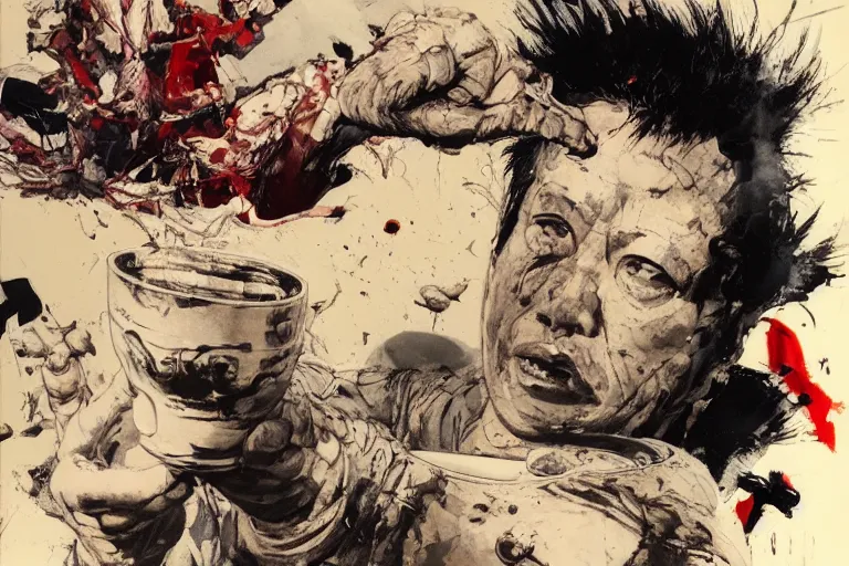 Image similar to first person GoPro footage page of tetsuo having a nice cup of tea, by Katsuhiro Otomo, Phil hale, Ashley wood, Ilya repin, frank frazetta, 8k, hd, high resolution print