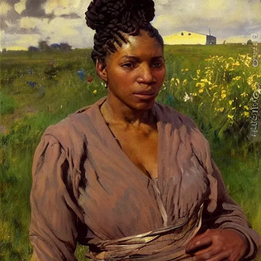 Prompt: A stunning masterful portrait of a confident Yoruba woman with braided hair and a scar on her cheek by Andrew Wyeth, John Singer Sargent, and Norman Rockwell, natural light, oil painting, ethereal, Tarkovsky color palette, strong brushwork, solarpunk background with gleaming towers covered in gardens