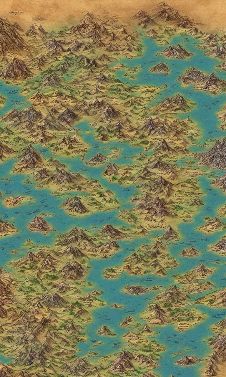 Prompt: an incredibly detailed map of a fantasy world showing a volcano, coastal cities, a large desert, and a few mountain chains, with elaborate biomes and illustrations