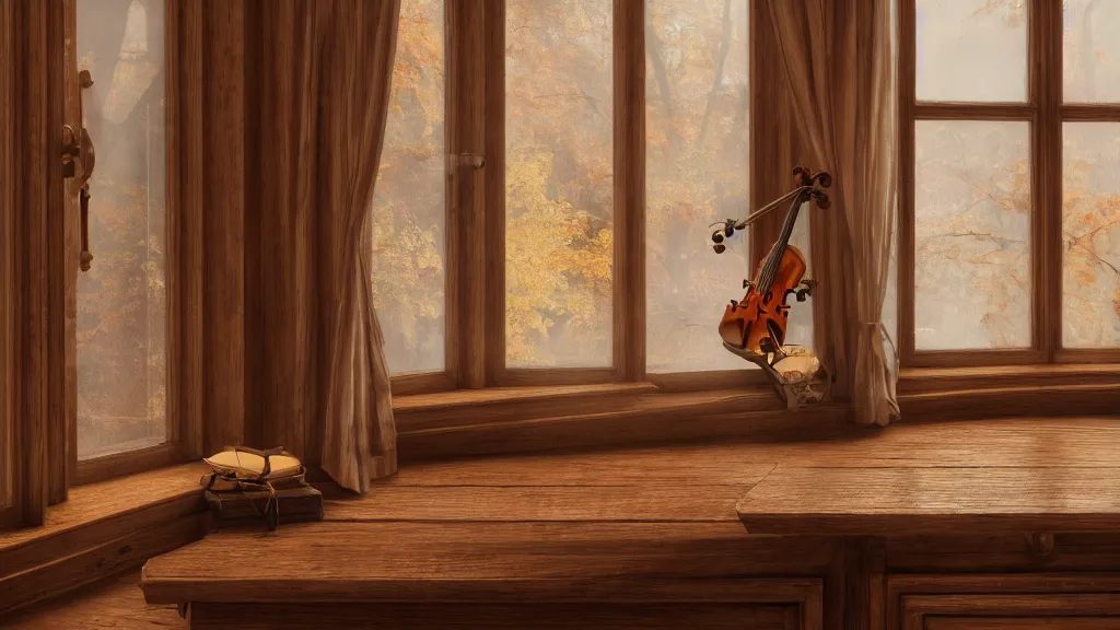 Image similar to one violin on an antique wooden desk in a richly decorated Victorian house, beautiful reflexions, detailed wooden table, photorealistic, photorealism, the autumn light comes in through a window, diffuse light, octane render