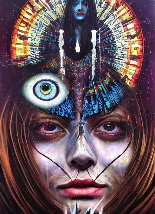 Image similar to gorgeous magic cult psychic woman smiling, third eye, subjective consciousness psychedelic, epic surrealism expressionism symbolism, story telling, iconic, dark robed, oil painting, symmetrical face, dark myth mythos, by Sandra Chevrier, Noriyoshi Ohrai masterpiece