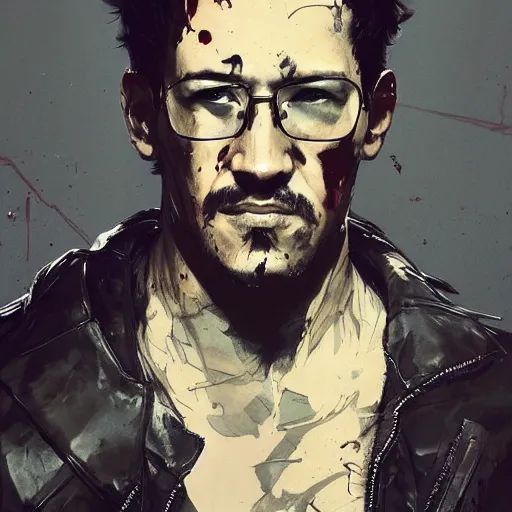 Image similar to portrait of markiplier with an angry expression, blood covering his face, wearing a leather jacket, dramatic lighting, illustration by Greg rutkowski, yoji shinkawa, 4k, digital art, concept art, trending on artstation