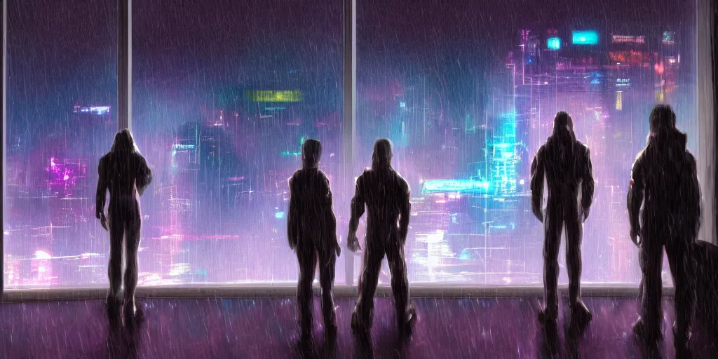 Prompt: a couple cyber godly persons of cosmic nebula galaxy watching a rainy colorful cyberpunk futuristic city from behind at night through a window in his room, reflections, 8 k, photorealistic, concept art, wet, highly detailed, cinematic moof by ridley scott, trending on artstation, glowing and epic