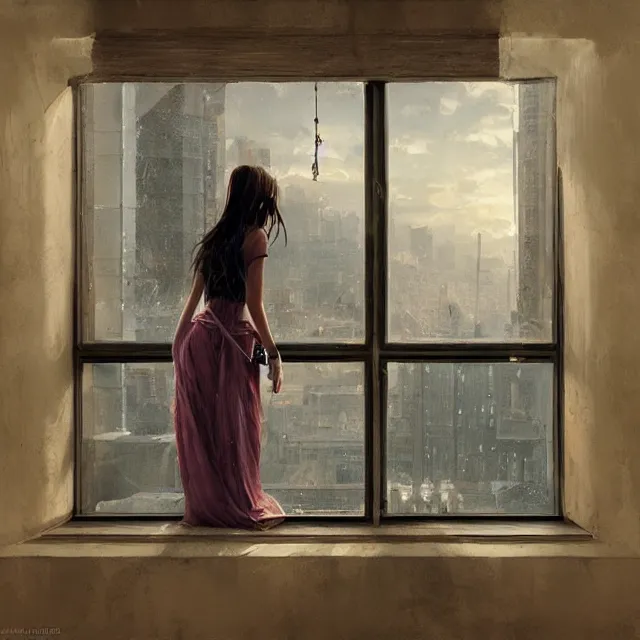 Image similar to window, eye, women, buildings, surprise, scared, couch by wlop, artgerm, greg rutkowski