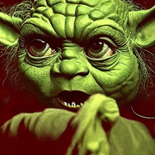 Image similar to yoda became bloody ugly lovecraftian degenerate abomination, photo - realistic, color image, 2 k, highly detailed, bodyhorror, occult art, by giger, fractal structure