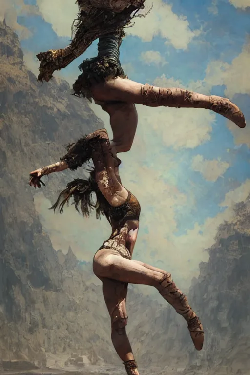 Image similar to a full body portrait of a beautiful post apocalyptic offworld desert gymnast leaping in ballet dance pose by the emerald oasis pools, intricate, elegant, highly detailed, digital painting, artstation, concept art, smooth, sharp focus, illustration, art by krenz cushart and artem demura and alphonse mucha