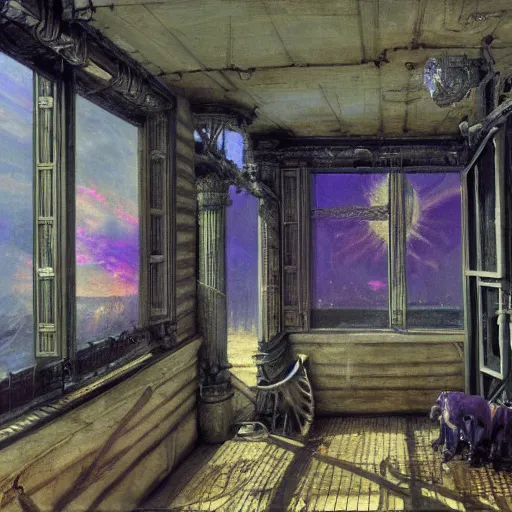 Image similar to painting of hr giger artlilery scifi balcony with ornate metal work lands on a farm, fossil ornaments, volumetric lights, purple sun, andreas achenbach