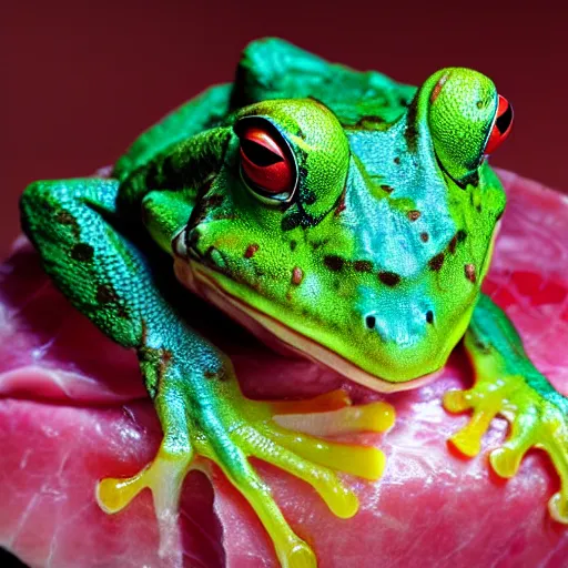 Prompt: a dragon frog eating ham, photorealistic, award winning photo
