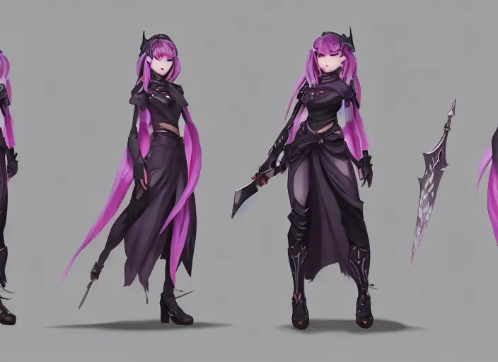 Image similar to character sheet for a beautiful and cute girl for genshin impact by greg rutkowski, black to light pink fade hair, genshin impact style, overwatch style, sorcerer magic witch, digital art, trending on artstation, hd, 8 k, highly detailed, good lighting, beautiful, masterpiece