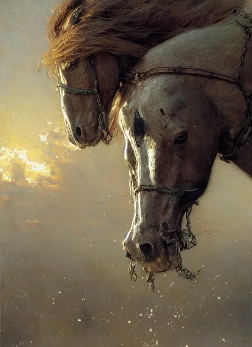 Image similar to portrait of one meadow metal horse by gaston bussiere, anna nikonova aka newmilky, greg rutkowski, yoji shinkawa, yoshitaka amano, tsutomu niehi, moebius, donato giancola, geoffroy thoorens, concept art, trending on artstation, featured on pixiv, cinematic composition, 8 k