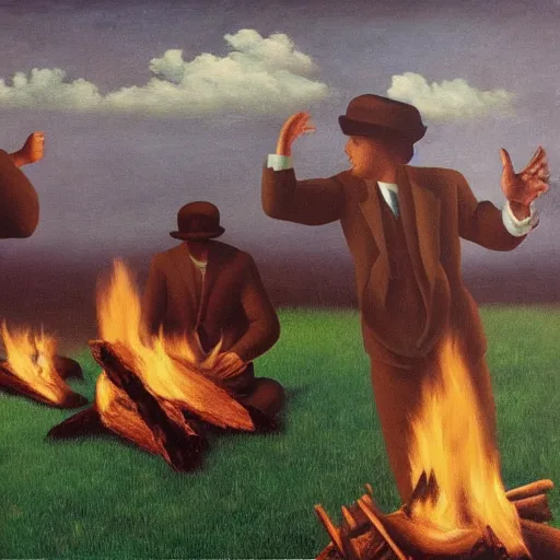 Prompt: insane dances around the campfire, oil painting rene magritte