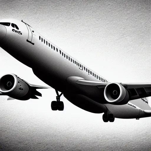 Prompt: a very detailed pencil drawing of an airbus a 3 2 0 airplane 4 k, high resolution, still, landscape, hd, dslr, hyper realistic, sketch