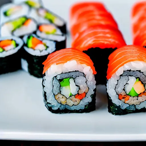 Prompt: a photo of sushi on a plate, recipe, beautiful lighting, high detail,