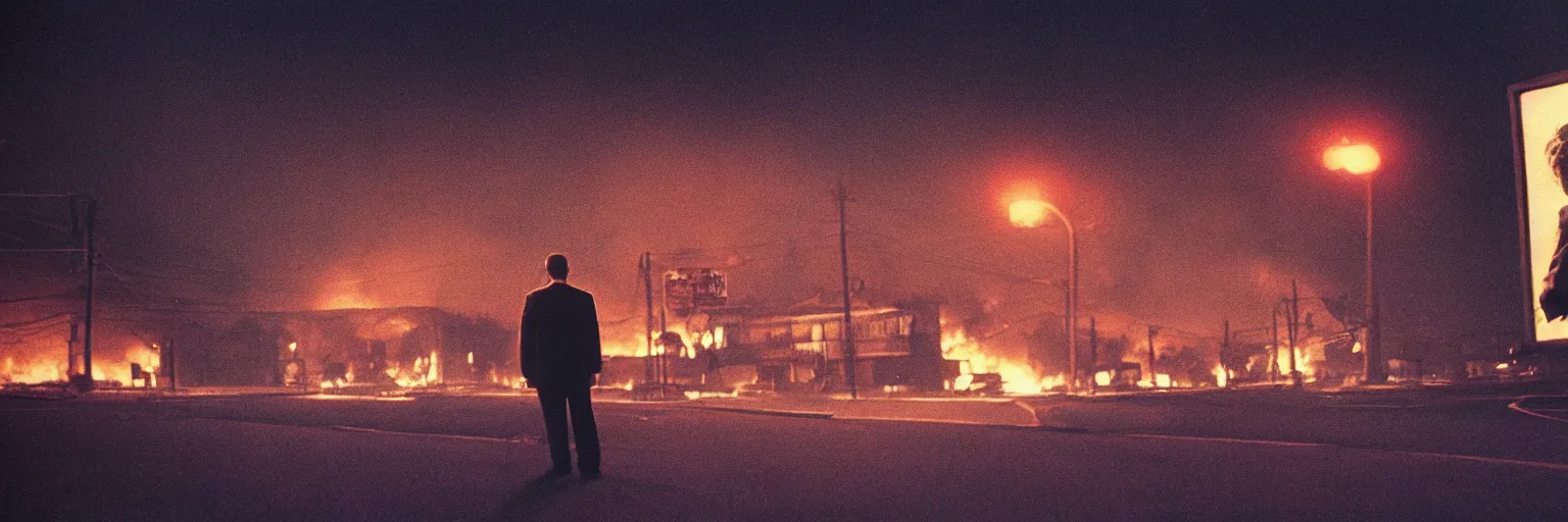 Image similar to detailed medium format photo, cinema still from movie lost highway, sleazy man watching night streets while a single house burns in the background, haze, americana, high production value, intricate details, 8 k resolution, hyperrealistic, hdr, photorealistic, high definition, tehnicolor, award - winning photography, masterpiece, amazing colors
