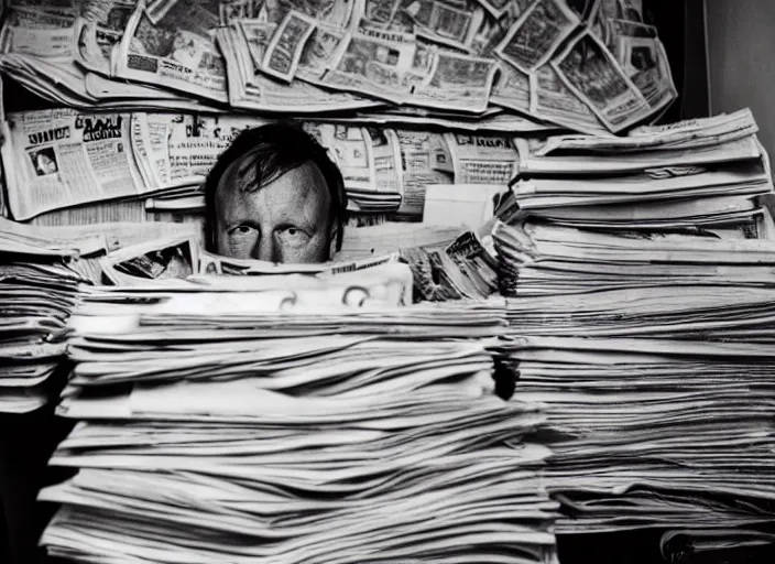 Image similar to dslr photo still of!!! alex jones!!! sitting depressed in a room filled to the ceiling with newspapers, 5 2 mm f 5. 6